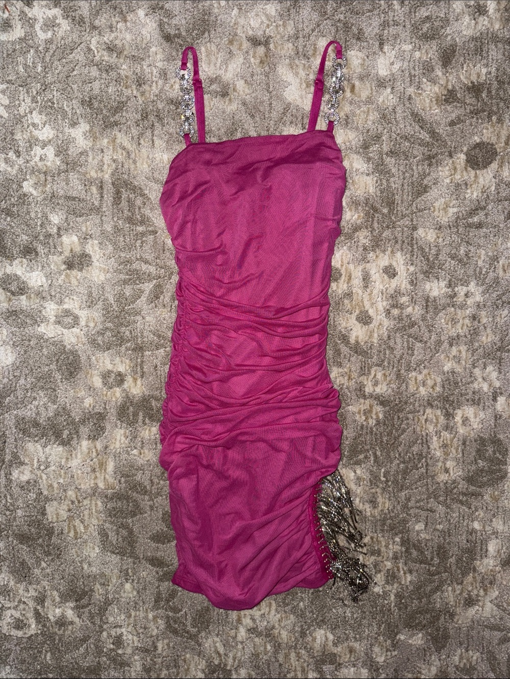 Fuchsia Ruched Mini Dress with rhinestone